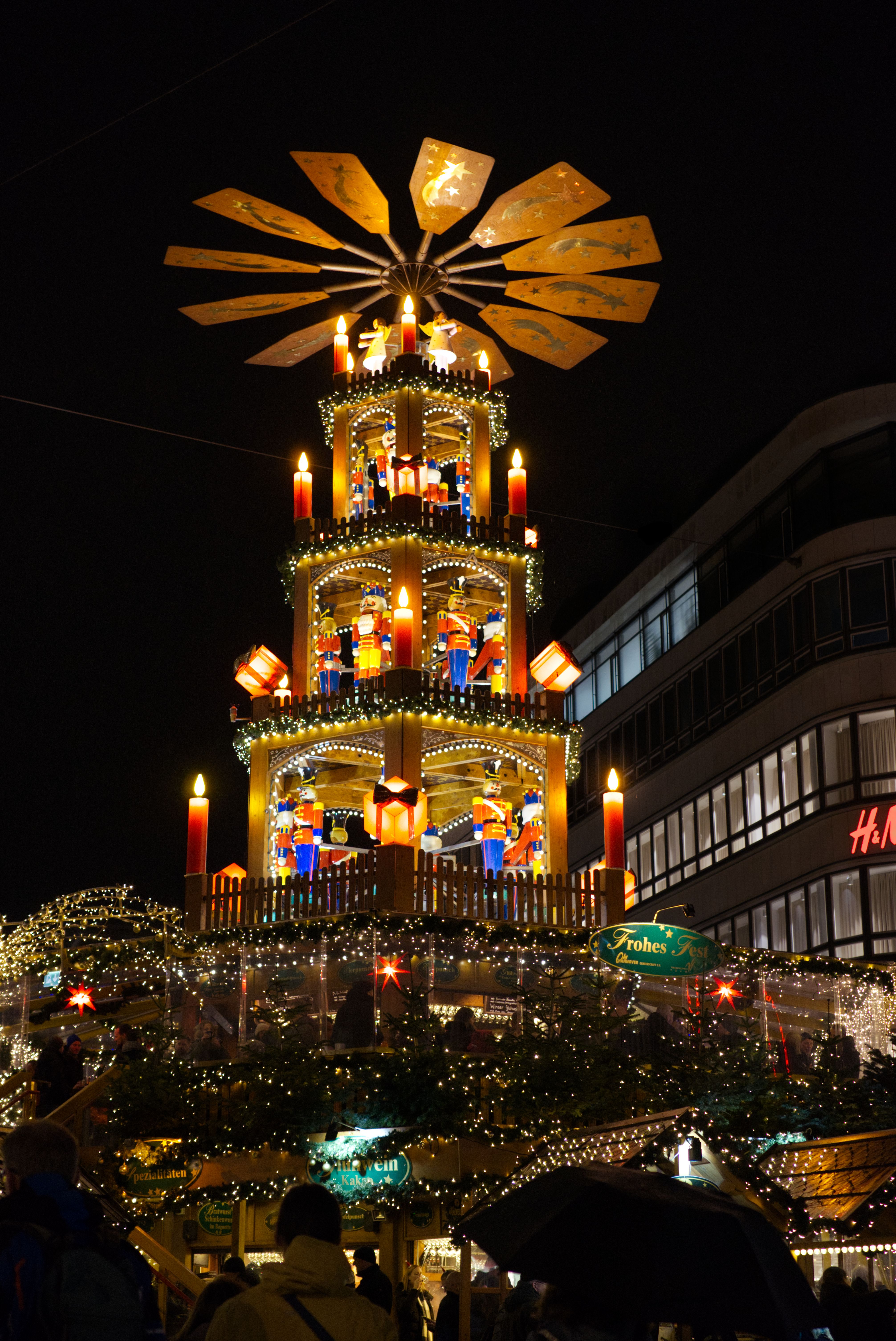 Hannover's traditional Christmas pyramid glowing in the evening.